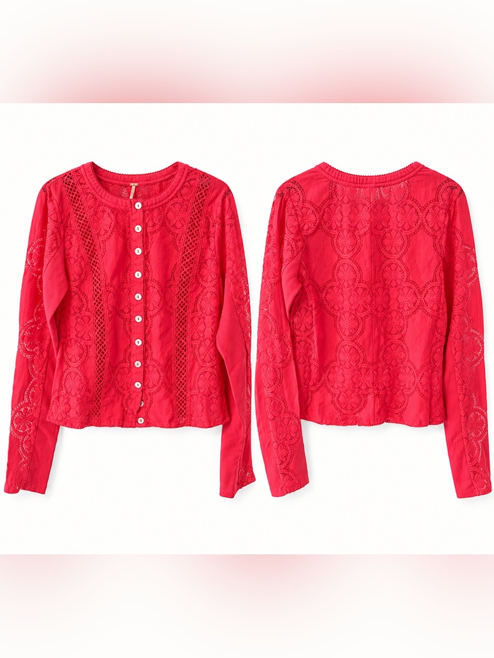 Free People Red Lace Button-Front Long Sleeve Top